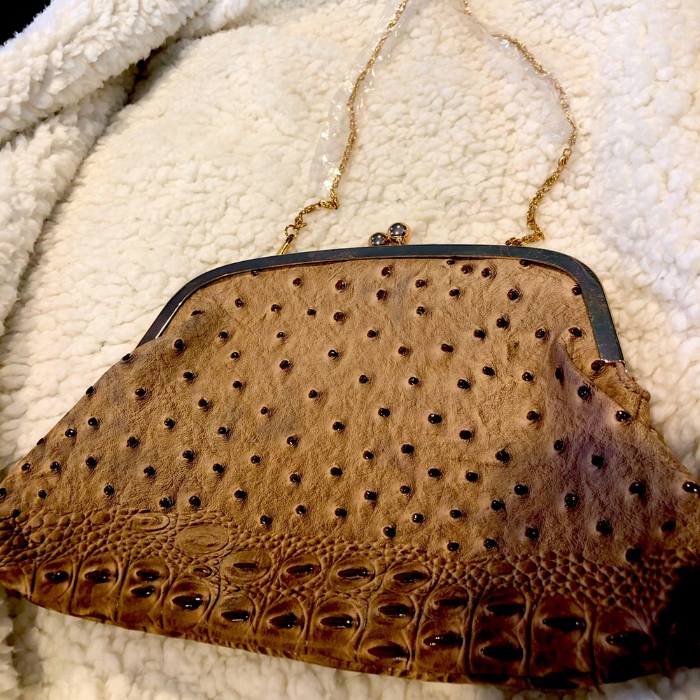Ostrich Clutch Purse w/ Gold Tone Chain